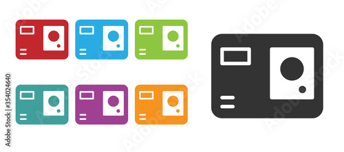 Black Action extreme camera icon isolated on white background. Video camera equipment for filming extreme sports. Set icons colorful. Vector Illustration.