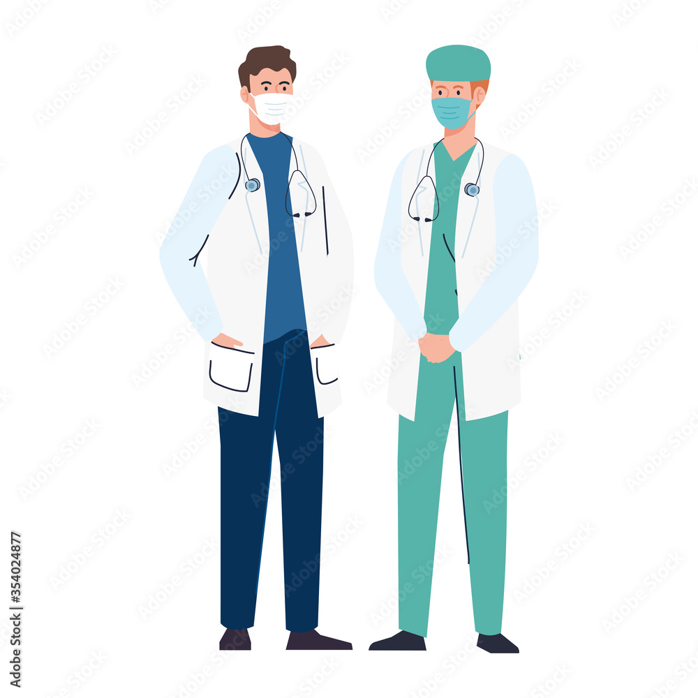doctors using face mask during covid 19 on white background vector illustration design doctors using face mask during covid 19 on white background vector illustration design