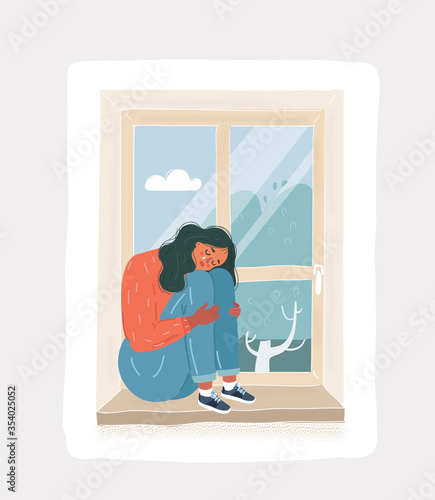 Sad depressive cry girl looking out the window. Sad depressive woman sitting on the windowsill