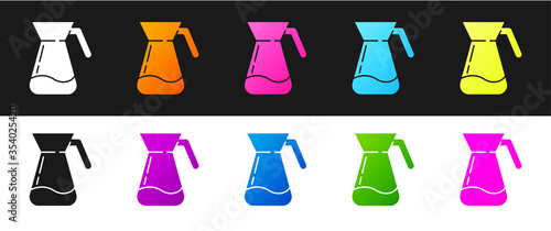 Set Jug glass with water icon isolated on black and white background. Kettle for water. Glass decanter with drinking water. Vector Illustration.