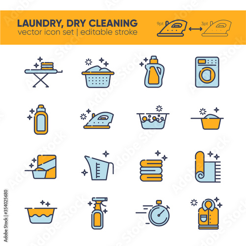 Outline icon set of clothes, towels, cleanig chemistry. Background for laundry, dry cleaning, housekeeping services. Modern graphic design. Home appliance. House laundry. Laundry detergent.