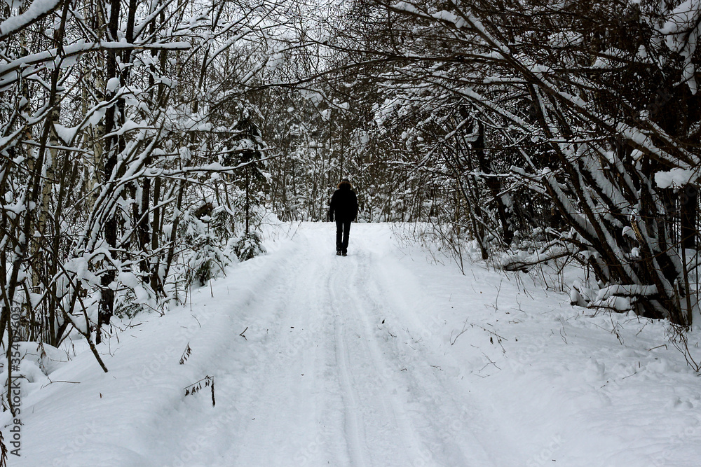 A guy in a winter forest is walking along a rural road. The trees are all covered in snow, the guy is standing in a down jacket and a hat.