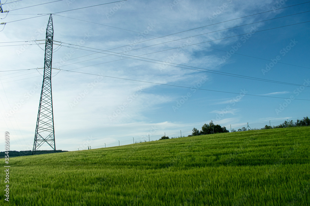Paisaje de prados verdes en verano con tendido eléctrico. Paisaje de prados verdes en verano con tendido eléctrico.