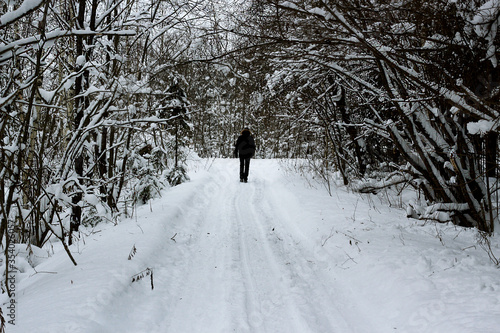 A guy in a winter forest is walking along a rural road. The trees are all covered in snow, the guy is standing in a down jacket and a hat.