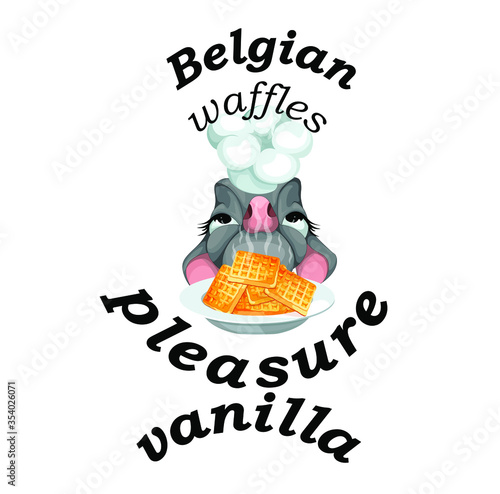 Vector image of a plate with waffles on a white background with the inscription and the head of the mouse in the cap. Concept