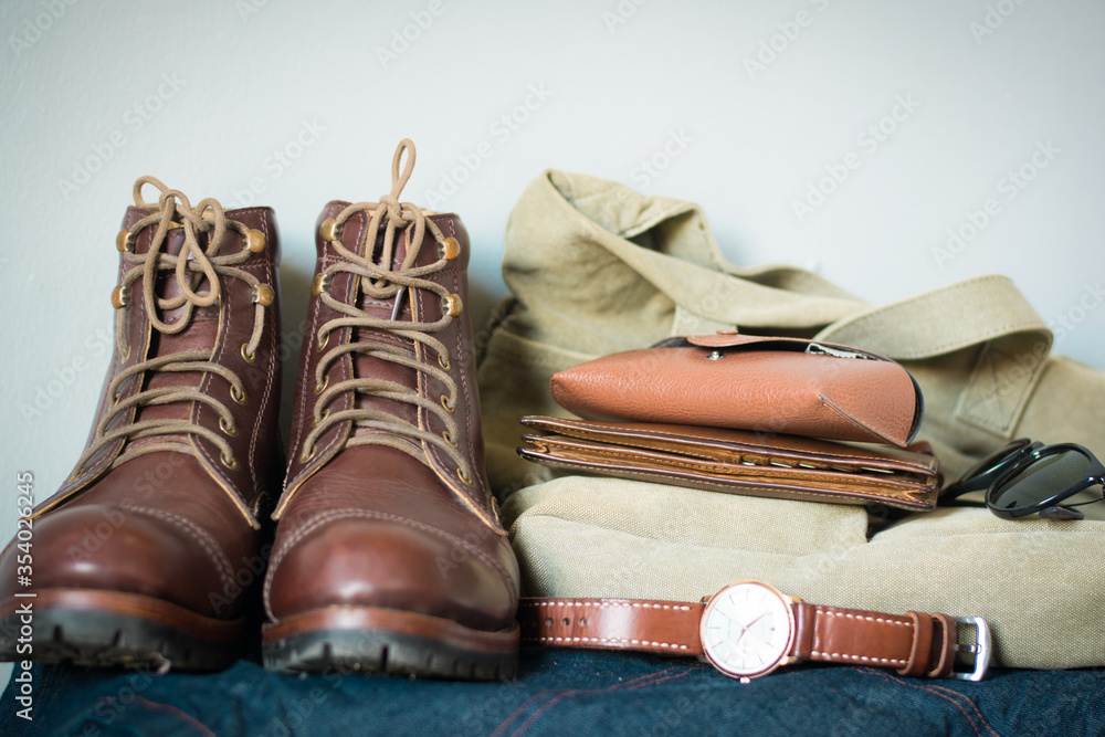 Men's casual outfits with leather accessories, Fashion concept Men's casual outfits with leather accessories, Fashion concept