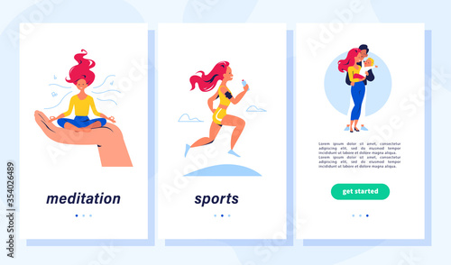 Healthy lifestyle, self care, family, positive emotions concept. Young lady taking time for herself, meditating, doing sports, spend time with family. Vector flat illustration for mobile app, webpage.