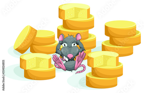 Vector image of a mouse sitting among piles of cheese heads on a white background. Concept. EPS 10