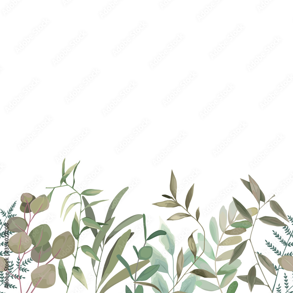 Obraz premium Seamless greenery pattern. Spring border with eucalyptus branch and leaves. Vintage botanical plant