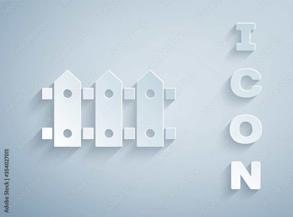 Paper cut Garden fence wooden icon isolated on grey background. Paper art style. Vector Illustration. Paper cut Garden fence wooden icon isolated on grey background. Paper art style. Vector Illustration.