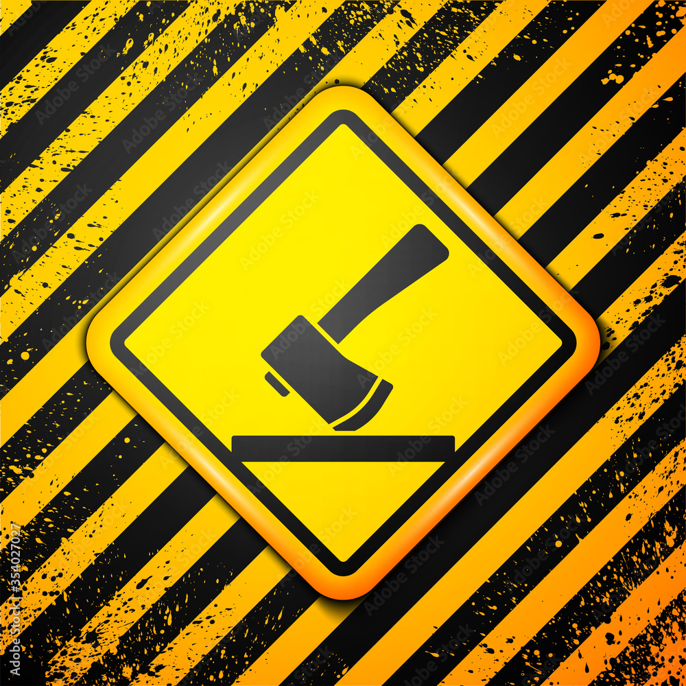 Black Wooden axe icon isolated on yellow background. Lumberjack axe. Warning sign. Vector Illustration. Black Wooden axe icon isolated on yellow background. Lumberjack axe. Warning sign. Vector Illustration.