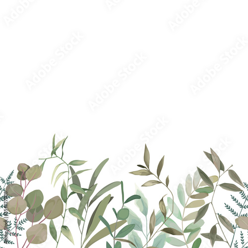 Fototapeta Naklejka Na Ścianę i Meble -  Seamless greenery pattern. Spring border with eucalyptus branch and leaves. Vintage botanical plant