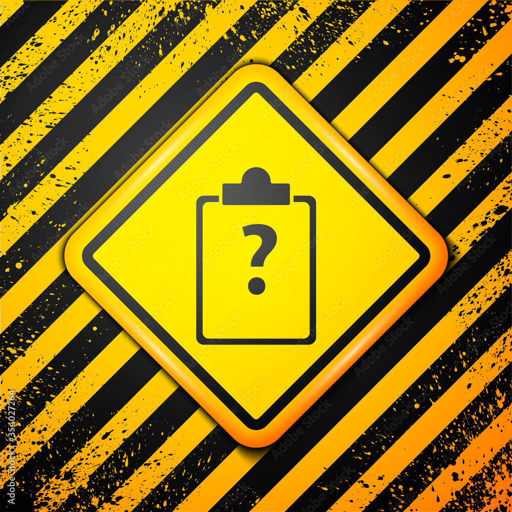 Black Clipboard with question marks icon isolated on yellow background. Survey, quiz, investigation, customer support questions concepts. Warning sign. Vector Illustration.