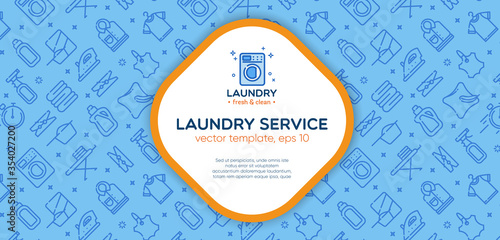 Laundry banner template with logo badge and outline pattern in square form. Card flyer poster illustration with your text for laundry, dry cleaning, housekeeping services.