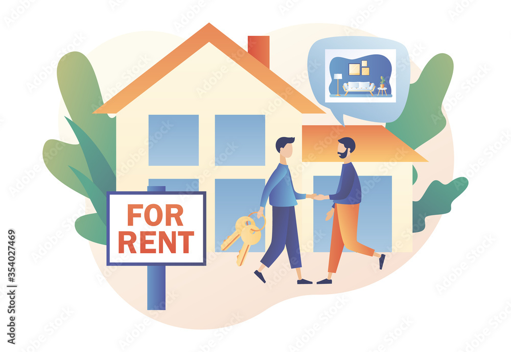 House for rent. Real estate business concept with houses. Tiny real estate  agent or broker shaking hands with client. Modern flat cartoon style.  Vector illustration on white background Stock Vector | Adobe