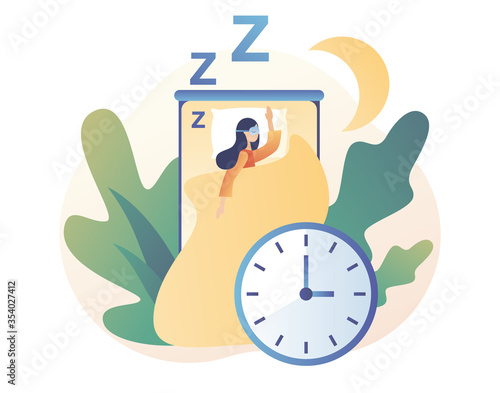 Sleep control. Sleep time. Sweet dreams. Good health and work of biological rhythms. Tiny woman sleeping at night in bed. Modern flat cartoon style. Vector illustration on white background