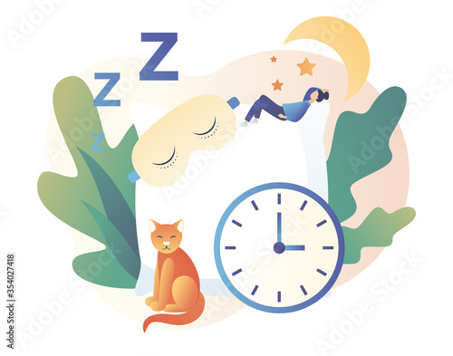 Sleep control. Sweet dreams. Sleep time. Good health and work of biological rhythms. Tiny woman sleeps in mask on a huge pillow. Modern flat cartoon style. Vector illustration on white background