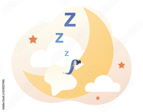 Sleep control. Sweet dreams. Sleep time. Good health and work of biological rhythms. Tiny girl sleeps in mask on the moon. Modern flat cartoon style. Vector illustration on white background