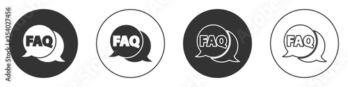 Black Speech bubble with text FAQ information icon isolated on white background. Circle button with text FAQ. Circle button. Vector Illustration.