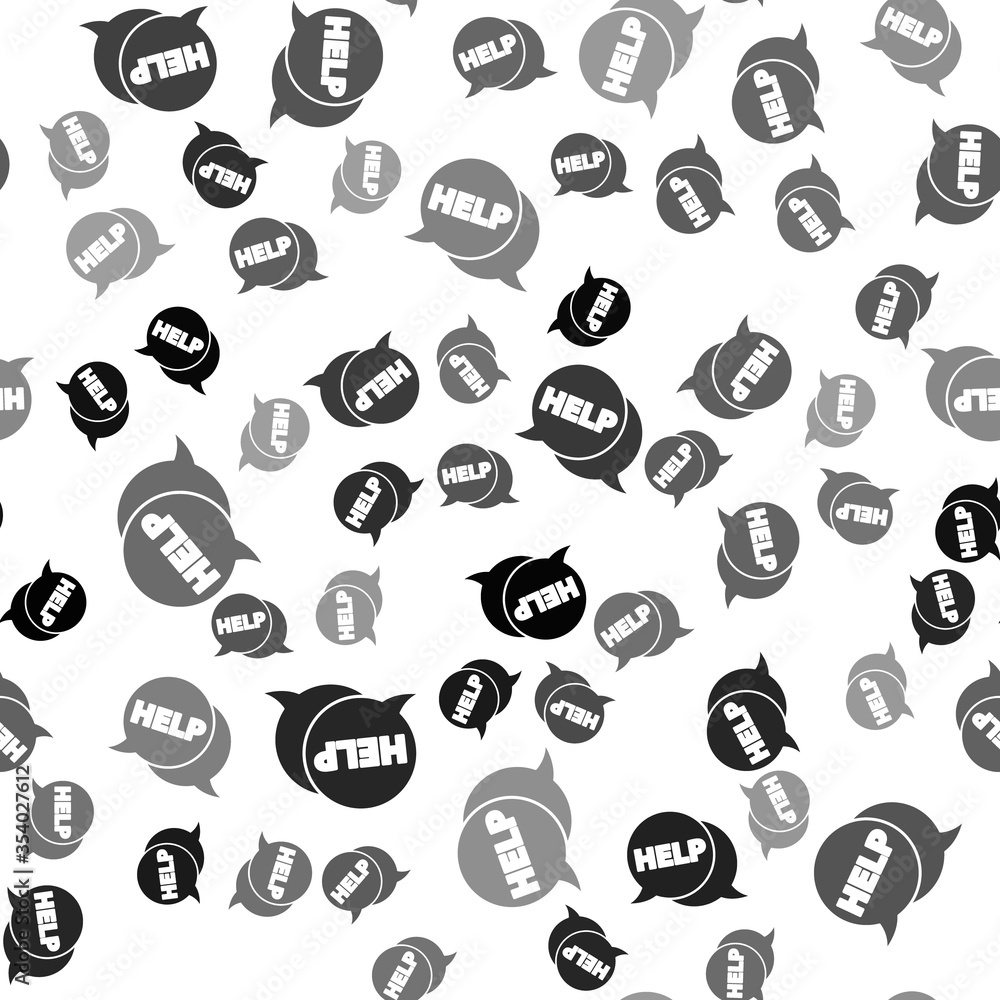 Black Speech bubble with text Help icon isolated seamless pattern on white background. Vector Illustration.
