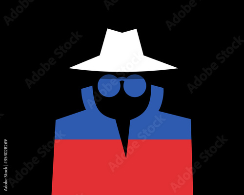 Russian spy is doing espionage - surveillance and control made by Russia. Intelliegence agency and secret police in the country. Vector illustration.