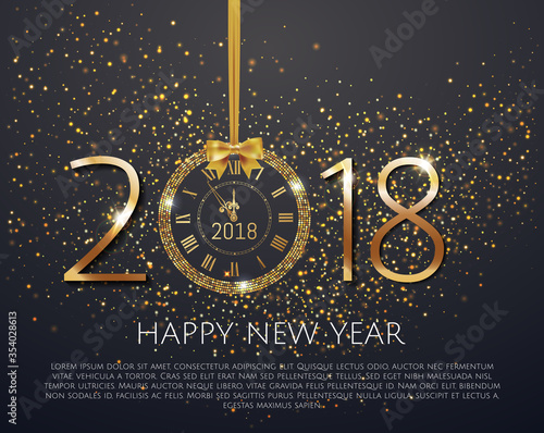 Vector stock numbers Happy New Year 2018 with shiny New Year Clock in gold disco circle frame on black background. Vintage elegant luxury gold watch midnight New Year. Vector illustration EPS 10