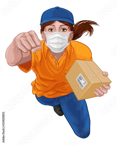 A courier delivery superhero woman wearing a PPE mask and delivering a package parcel box while flying through the air