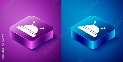 Isometric Needle bed and needles icon isolated on blue and purple background. Handmade and sewing theme. Square button. Vector Illustration.