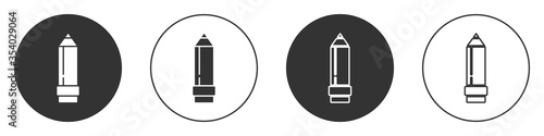 Black Pencil with eraser icon isolated on white background. Drawing and educational tools. School office symbol. Circle button. Vector Illustration.