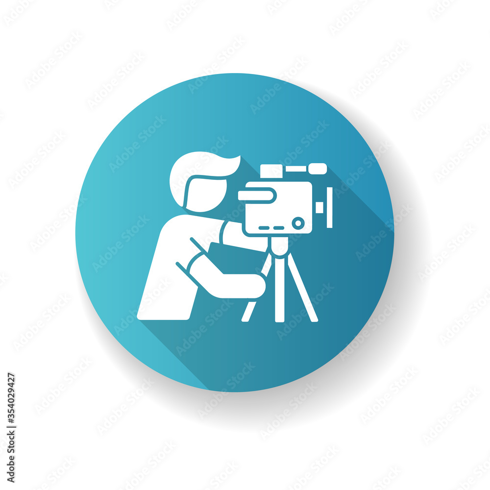 Cameraman blue flat design long shadow glyph icon. Filmmaking and videography. Cinematography industry. Professional camera operator. Movie shooting. Silhouette RGB color illustration Cameraman blue flat design long shadow glyph icon. Filmmaking and videography. Cinematography industry. Professional camera operator. Movie shooting. Silhouette RGB color illustration