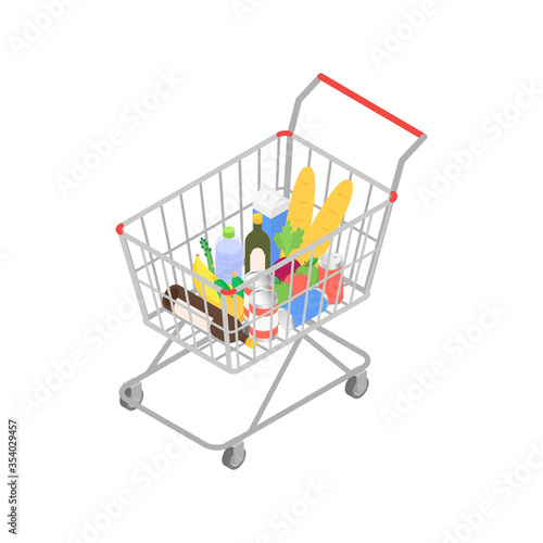 Isolated grocery cart with food on a white background.