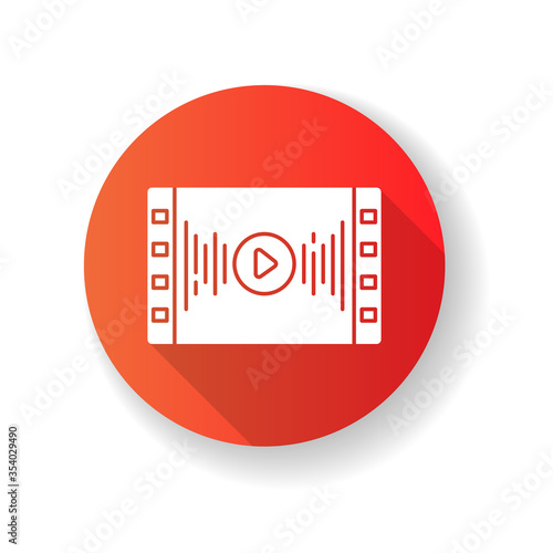 Music video red flat design long shadow glyph icon. Audio player. Sound equalizer. Videography and multimedia. Songs live streaming service. Silhouette RGB color illustration