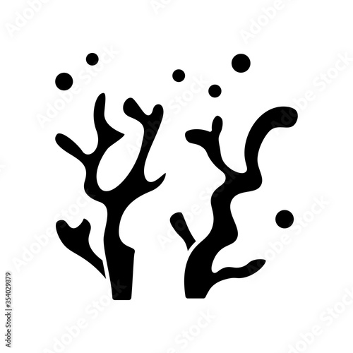 Oceanology black glyph icon. Natural science discipline, sea life researching silhouette symbol on white space. Aquatic environment, ocean flora and fauna study. Coral vector isolated illustration