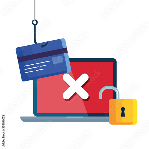 data phishing hacking online scam concept, with laptop and icons hook vector illustration design