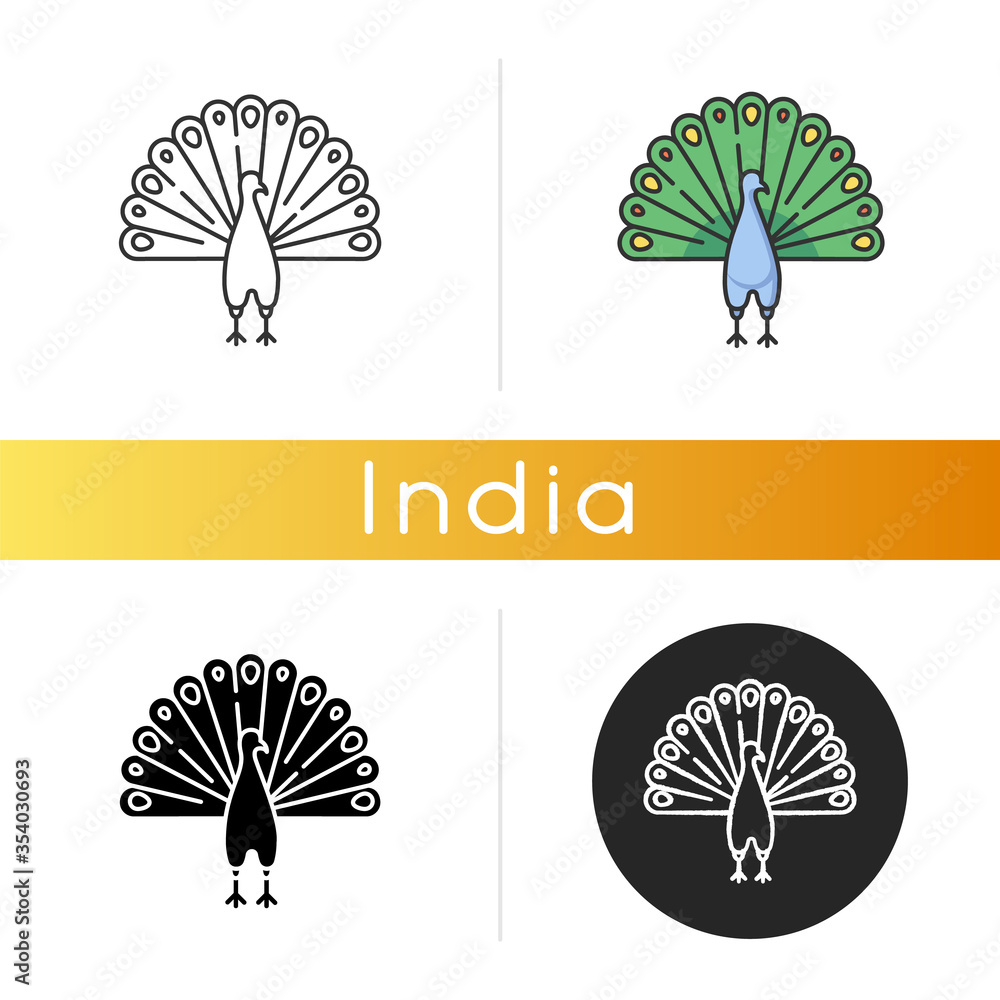 Peacock icon. Indian peafowl with spread feathers. Pheasant species ...