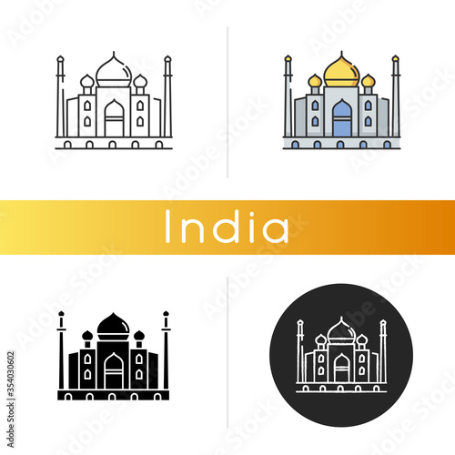 Taj Mahal icon. Marble mausoleum. Indian culture. Historical monument. Mughal architecture. Cultural heritage. Tourist attraction. Linear black and RGB color styles. Isolated vector illustrations
