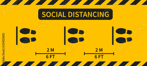 Social distance. Footprints determine the standing position to keep the distance of people waiting in public queues.