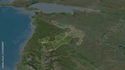 Adygey, republic with its capital, zoomed and extruded on the satellite map of Russia in the conformal Stereographic projection. Animation 3D photo