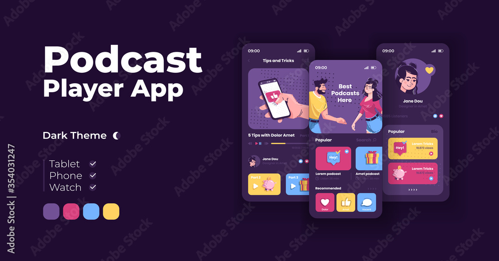Podcasts hosting app cartoon smartphone interface vector templates set.  Mobile app screen page night mode design. Multimedia content streaming UI  for application. Phone display with flat characters Stock Vector | Adobe  Stock