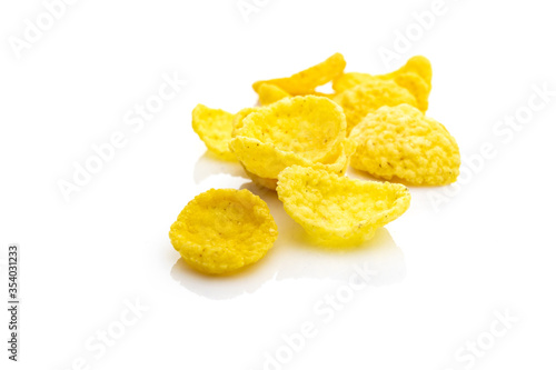 Cereal eat Healthy Superfood breakfast. Snack yellow Cornflakes isolated on white background. Antioxidant, omega-3, protein, mineral nutrients - vegetarian diet concept.