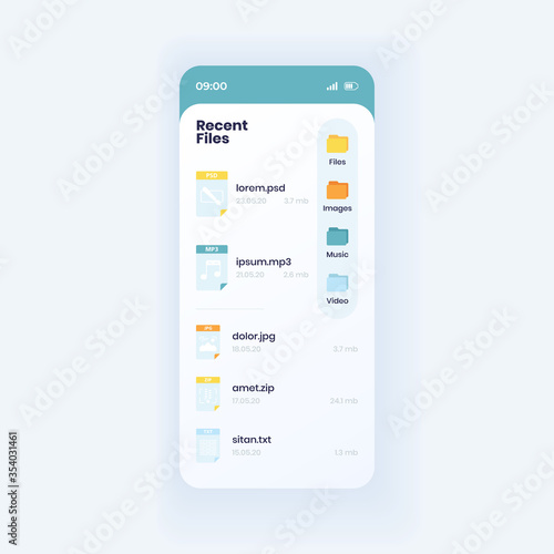 Recent files list smartphone interface vector template. Organizer app page light design layout. Search results screen. Flat UI for application. Multimedia file types and categories on phone display