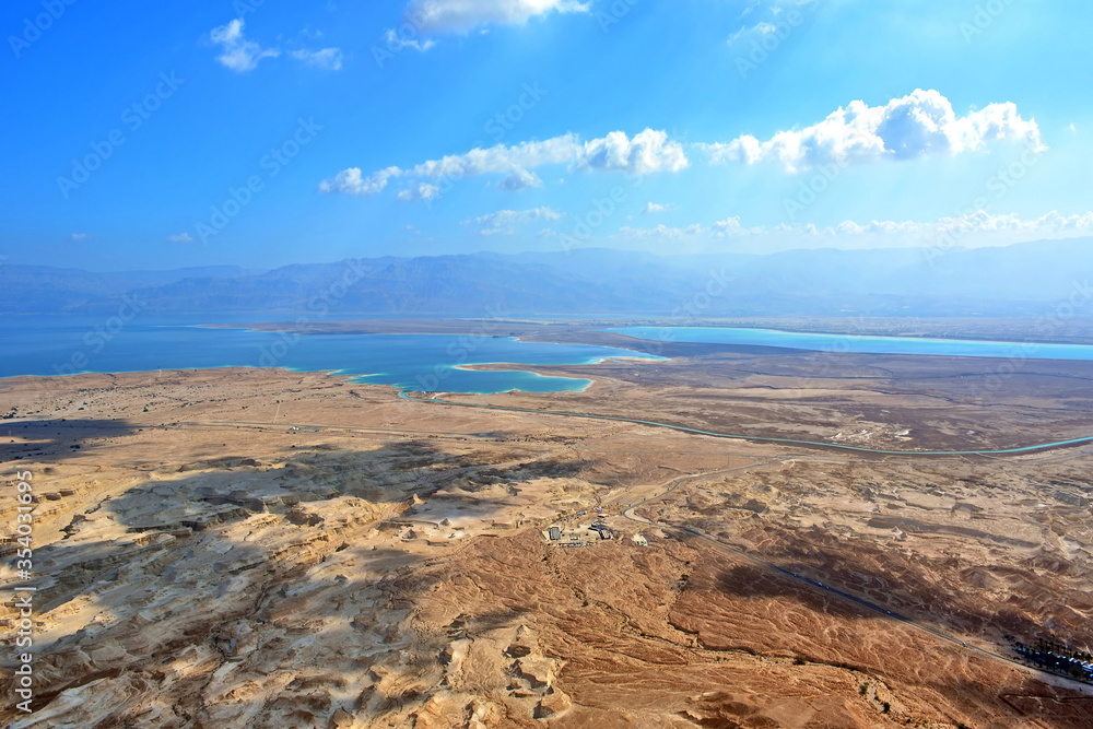 View of the Dead Sea and the mountains of Jordan from the  fortress Masada, Israel