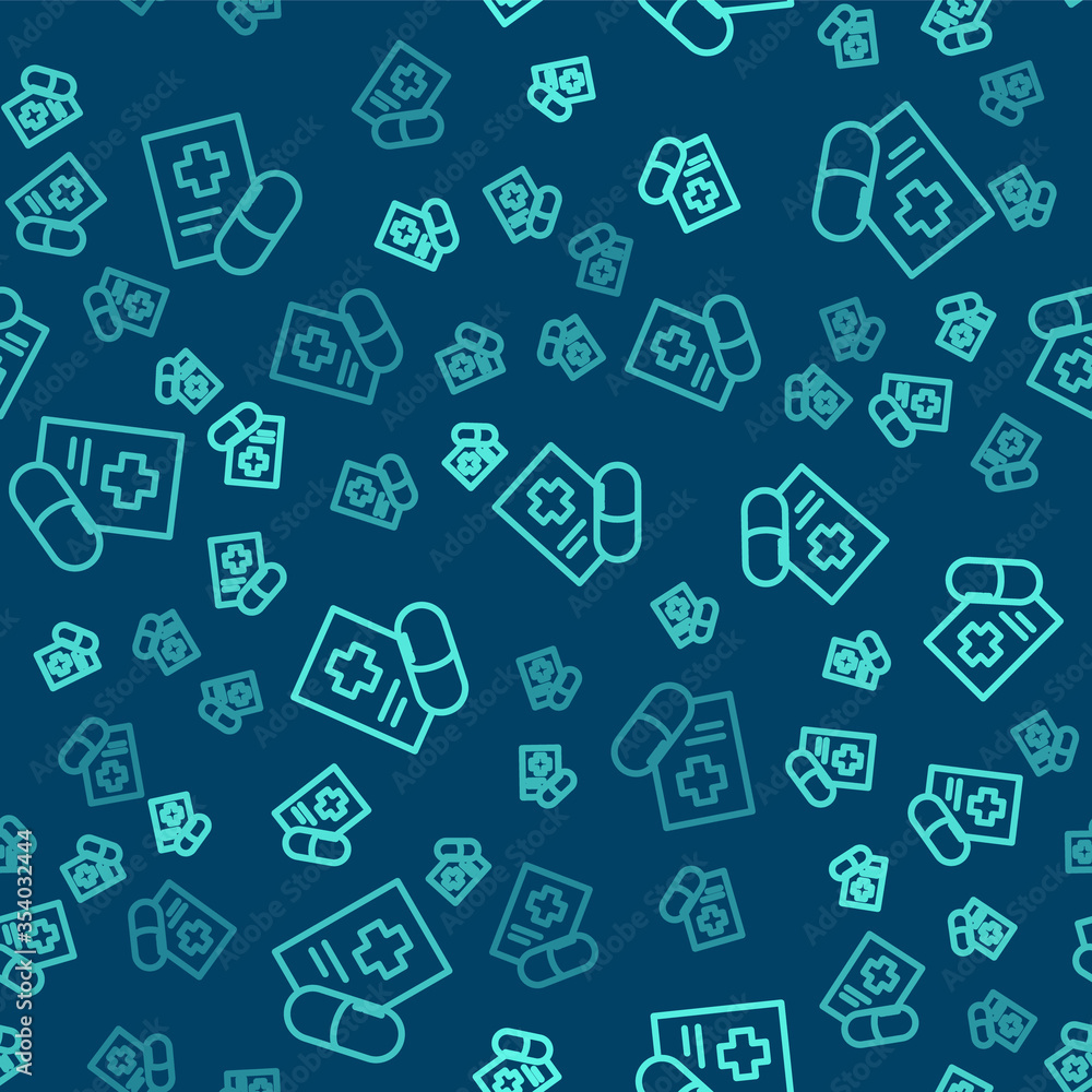Green line Medical prescription icon isolated seamless pattern on blue background. Rx form. Recipe medical. Pharmacy or medicine symbol. Vector Illustration. Green line Medical prescription icon isolated seamless pattern on blue background. Rx form. Recipe medical. Pharmacy or medicine symbol. Vector Illustration.