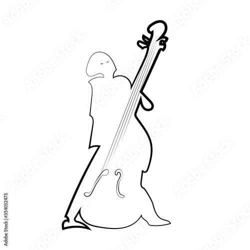 Jazz bass player contour silhouette in black on a white background. Illustration isolated on white background.
Double bass player musician.