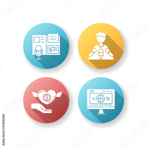 Public relation flat design long shadow glyph icons set. Advertorial press release. Spokesperson with microphones. Broadcast interview. Corporate website. Silhouette RGB color illustration