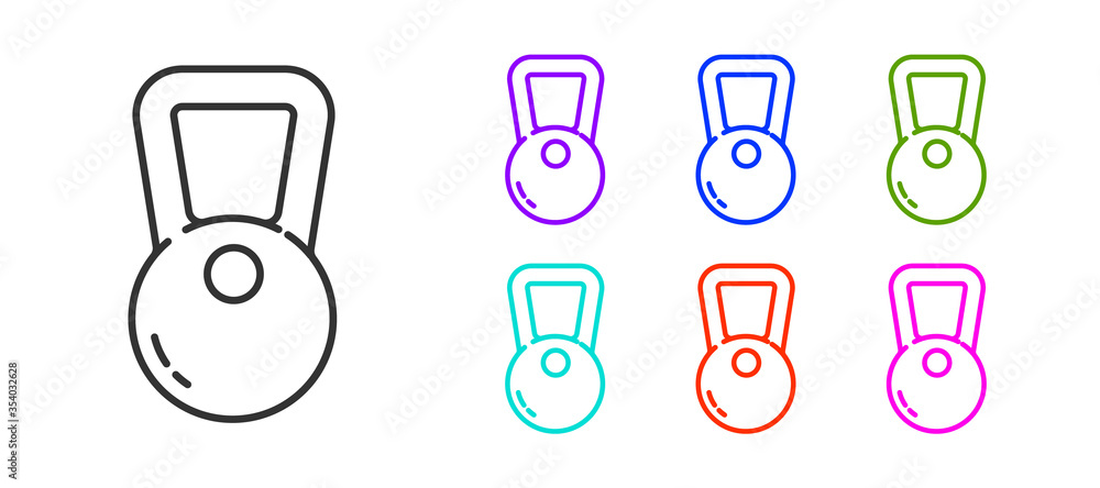 Black line Kettlebell icon isolated on white background. Sport equipment. Set icons colorful. Vector Illustration. Black line Kettlebell icon isolated on white background. Sport equipment. Set icons colorful. Vector Illustration.