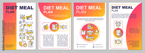 Diet meal planning brochure template. Mindful eating, dietary food. Flyer, booklet, leaflet print, cover design with linear icons. Vector layouts for magazines, annual reports, advertising posters