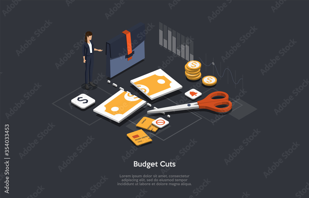 Concept Of World Global Economic Crisis. Businesswoman Has To Change And Cut Company Budget Because Of Bad World Economic Situation. Scissors Has Cut Dollar Banknote. Isometric 3D Vector Illustration