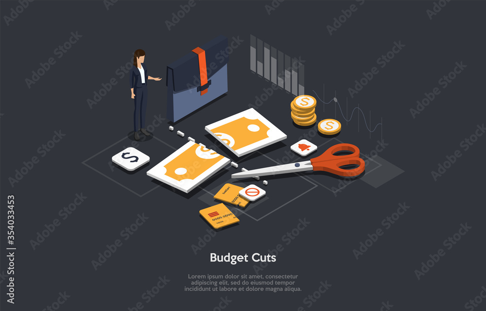 Concept Of World Global Economic Crisis. Businesswoman Has To Change And Cut Company Budget Because Of Bad World Economic Situation. Scissors Has Cut Dollar Banknote. Isometric 3D Vector Illustration Concept Of World Global Economic Crisis. Businesswoman Has To Change And Cut Company Budget Because Of Bad World Economic Situation. Scissors Has Cut Dollar Banknote. Isometric 3D Vector Illustration