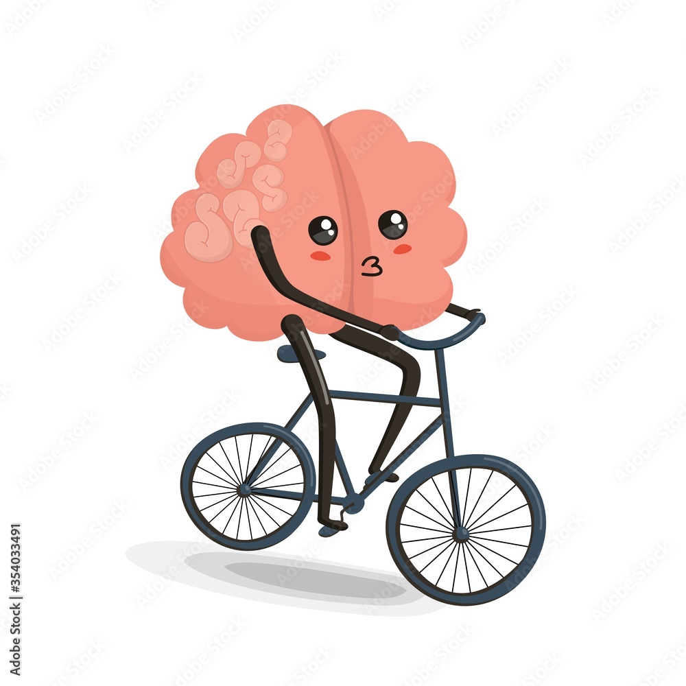 Brain cartoon character riding bicycle, illustration isolated on white